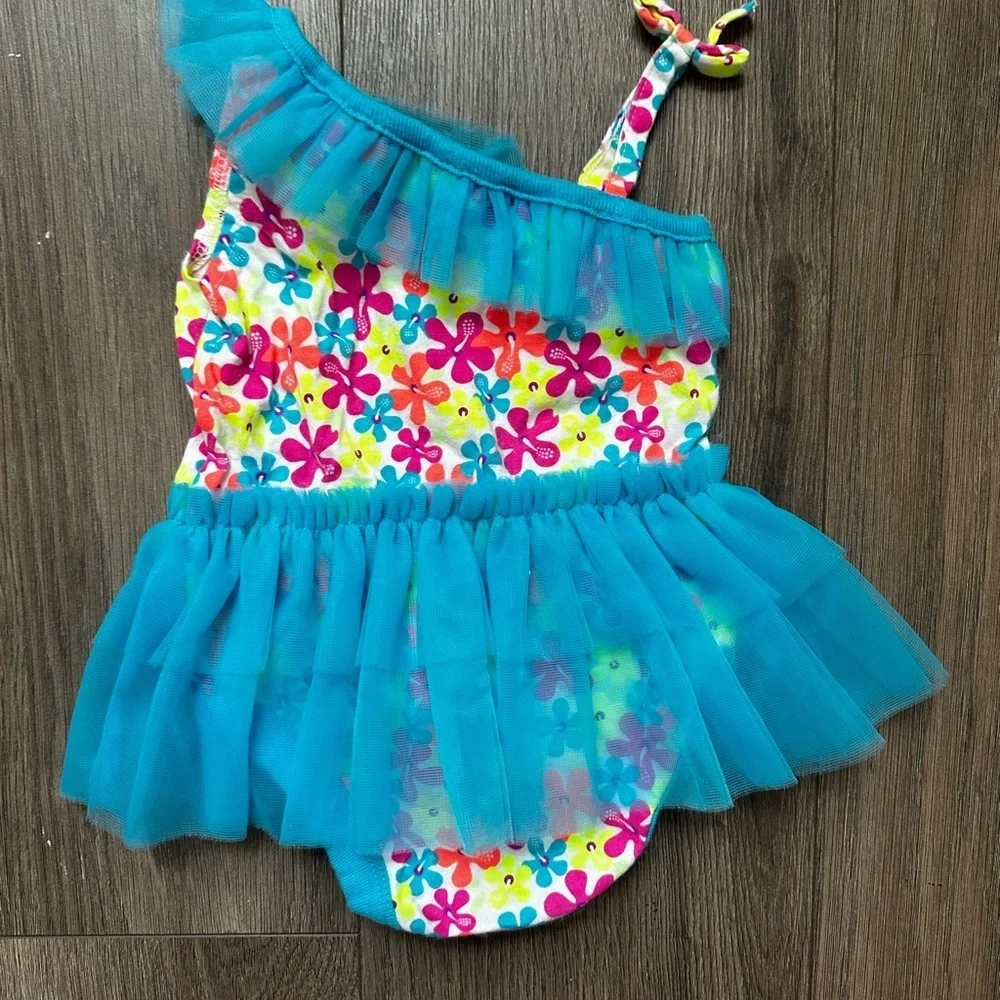 Garanimals Turquoise Floral One-Shoulder Tulle Swim Dress Bathing Suit